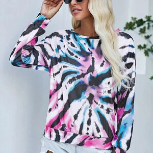 TIE DYE NEW WOMENS TOP SHIRT WHITE PINK DALL CASUAL WINTER SWEATSHIRT SIZE S